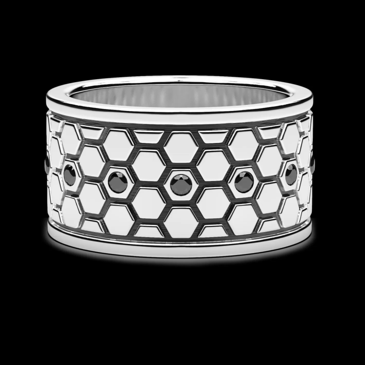 Zancan Gioielli Rings>Zancan Silver Broad Band Ring With Black Stones.